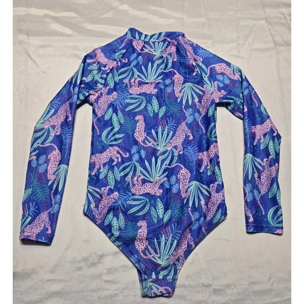 Sol Borne Girls 10/12 Long Sleeve One-Piece Rash Guard Swimsuit Tropical Leopard
